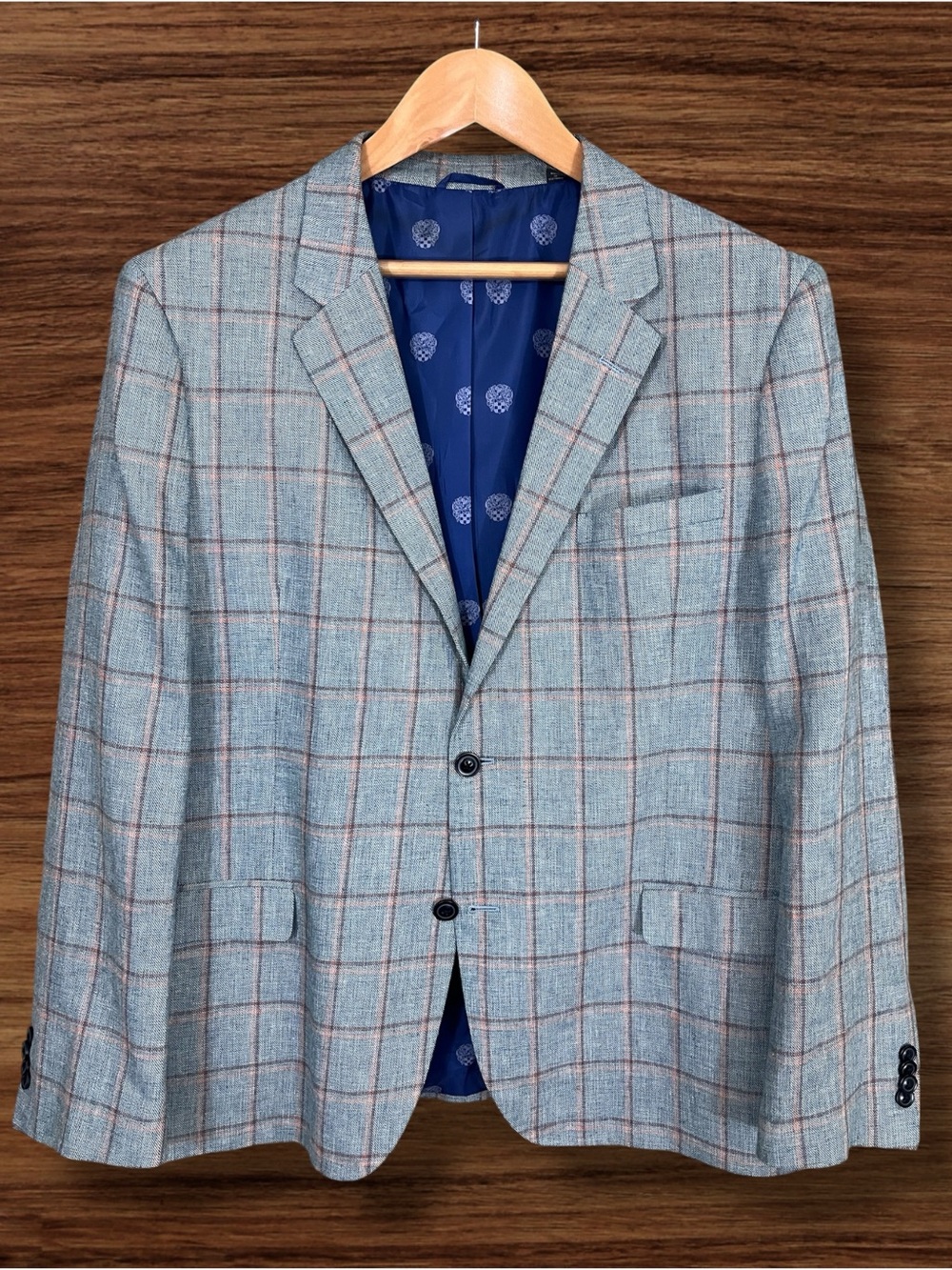 Vince Camuto Light Blue Windowpane Cotton/Linen Sport Coat Slim Fit Size 48R